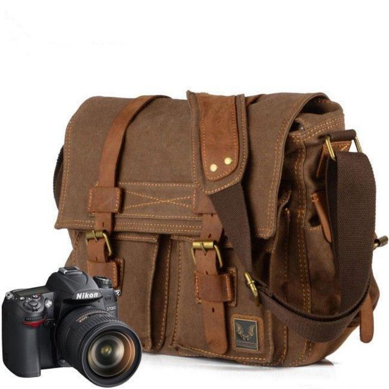 Kožená Plátěná Taška Na Fotoaparát Vintage Messenger Bag